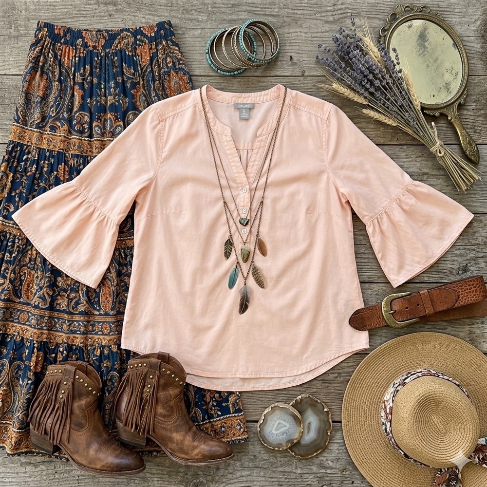 Womens Boho Bell Sleeve Henley Blouse Peach Tencel Lyocell‎ Relaxed Chicos 2 L
